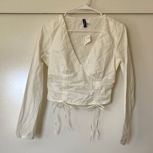 H&M Cream V-Neck Tie-Waist Long Sleeve Top